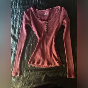 Hollister Women's Long Sleeve Ribbed Henley Top - Burgundy